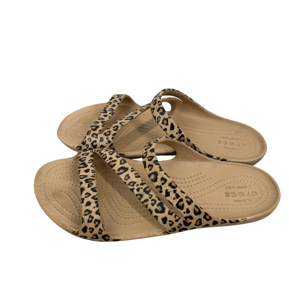 Crocs Kadee II Leopard Print Sandals Womens 10 Tan Black Strappy Slide 206235